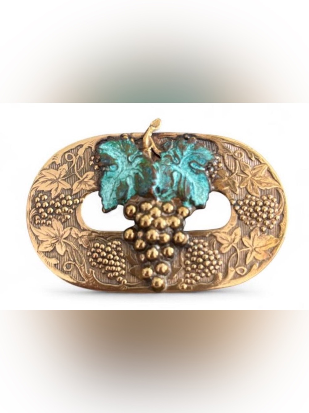 Vintage brass grapevine brooch with turquoise leaves and grapes